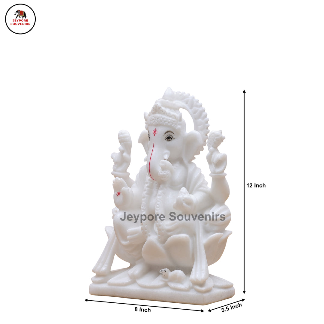 Handcrafted White Marble Lord Ganesha Idol on Ornate Lotus Pedestal