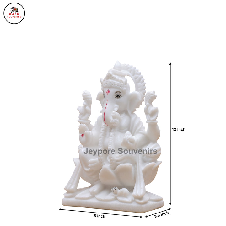 Handcrafted White Marble Lord Ganesha Idol on Ornate Lotus Pedestal