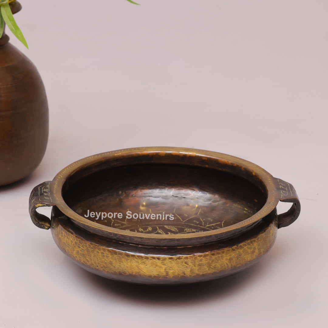 Handcrafted Antique Hammered Texture Brass Urli Bowl with Side Handles