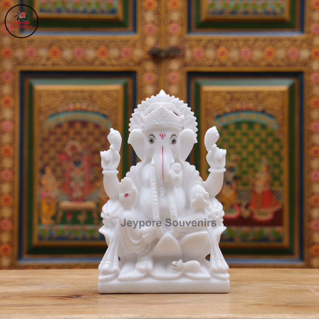 Pure White Marble Lord Ganesha Idol with Lotus Pedestal