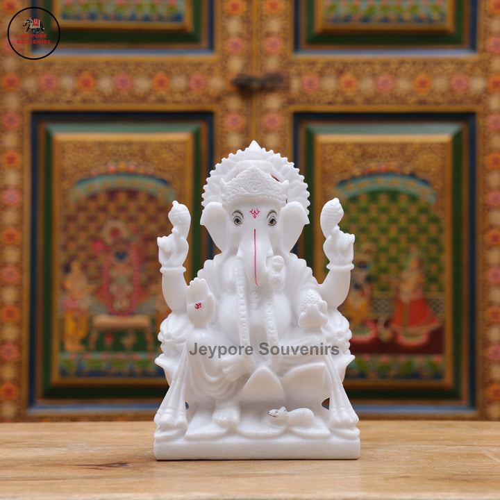 Pure White Marble Lord Ganesha Idol with Lotus Pedestal