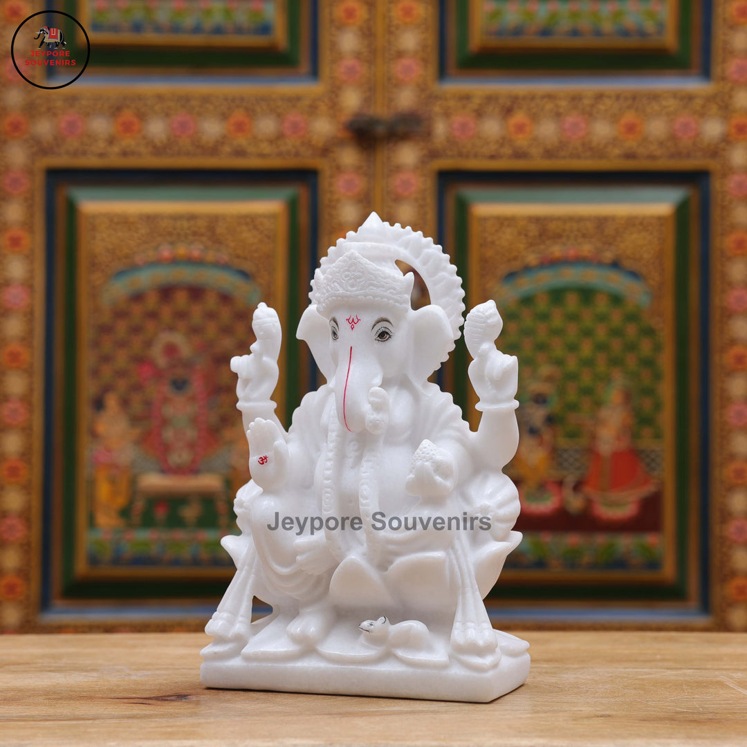 Pure White Marble Lord Ganesha Idol with Lotus Pedestal