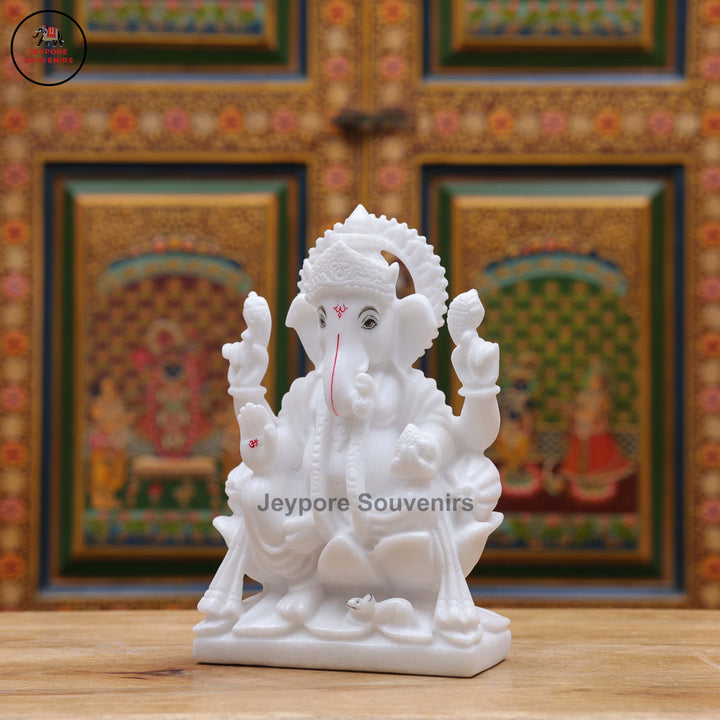 Pure White Marble Lord Ganesha Idol with Lotus Pedestal