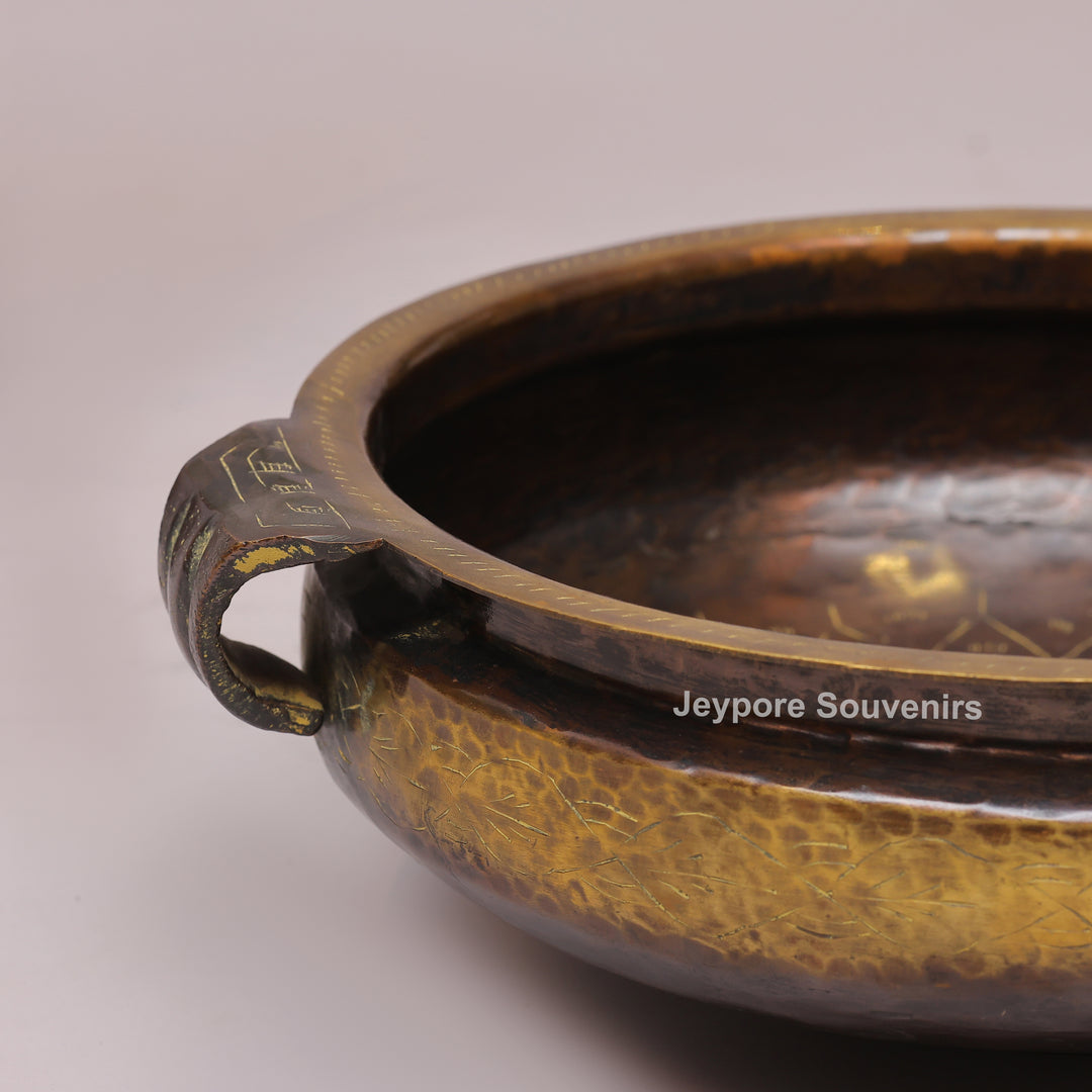 Handcrafted Antique Hammered Texture Brass Urli Bowl with Side Handles