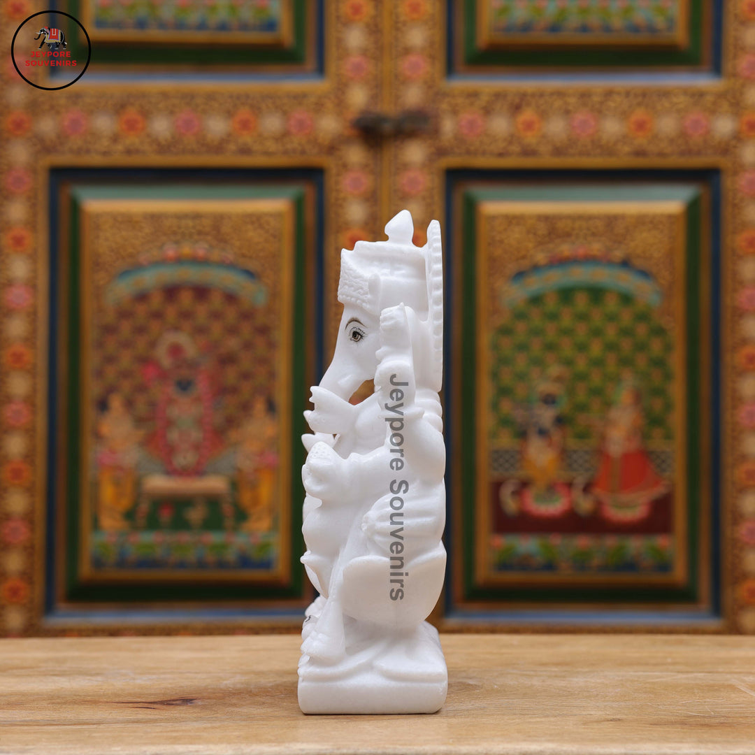 Pure White Marble Lord Ganesha Idol with Lotus Pedestal