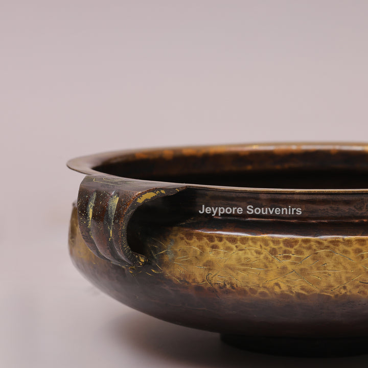 Handcrafted Antique Hammered Texture Brass Urli Bowl with Side Handles