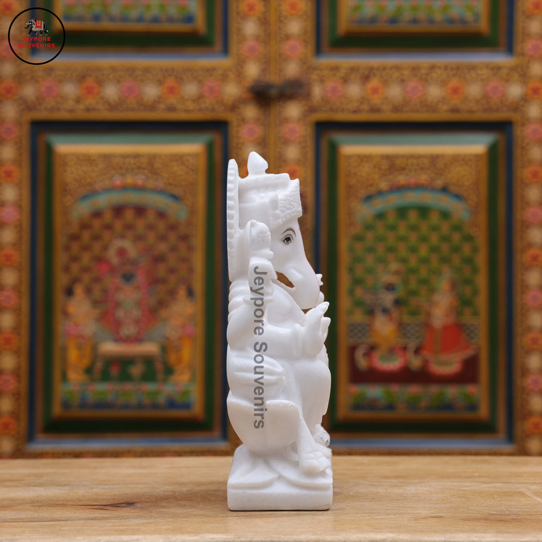 Pure White Marble Lord Ganesha Idol with Lotus Pedestal