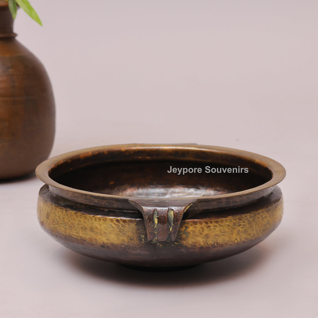 Handcrafted Antique Hammered Texture Brass Urli Bowl with Side Handles