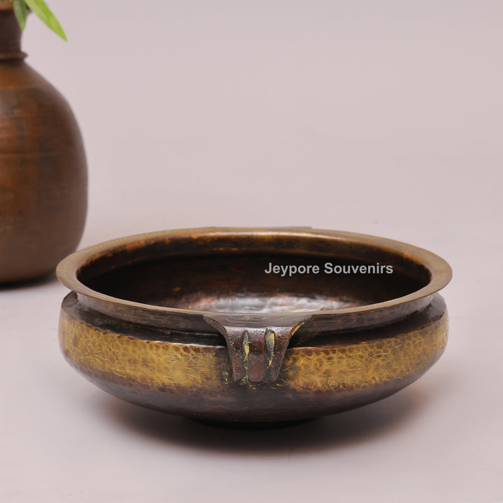 Handcrafted Antique Hammered Texture Brass Urli Bowl with Side Handles