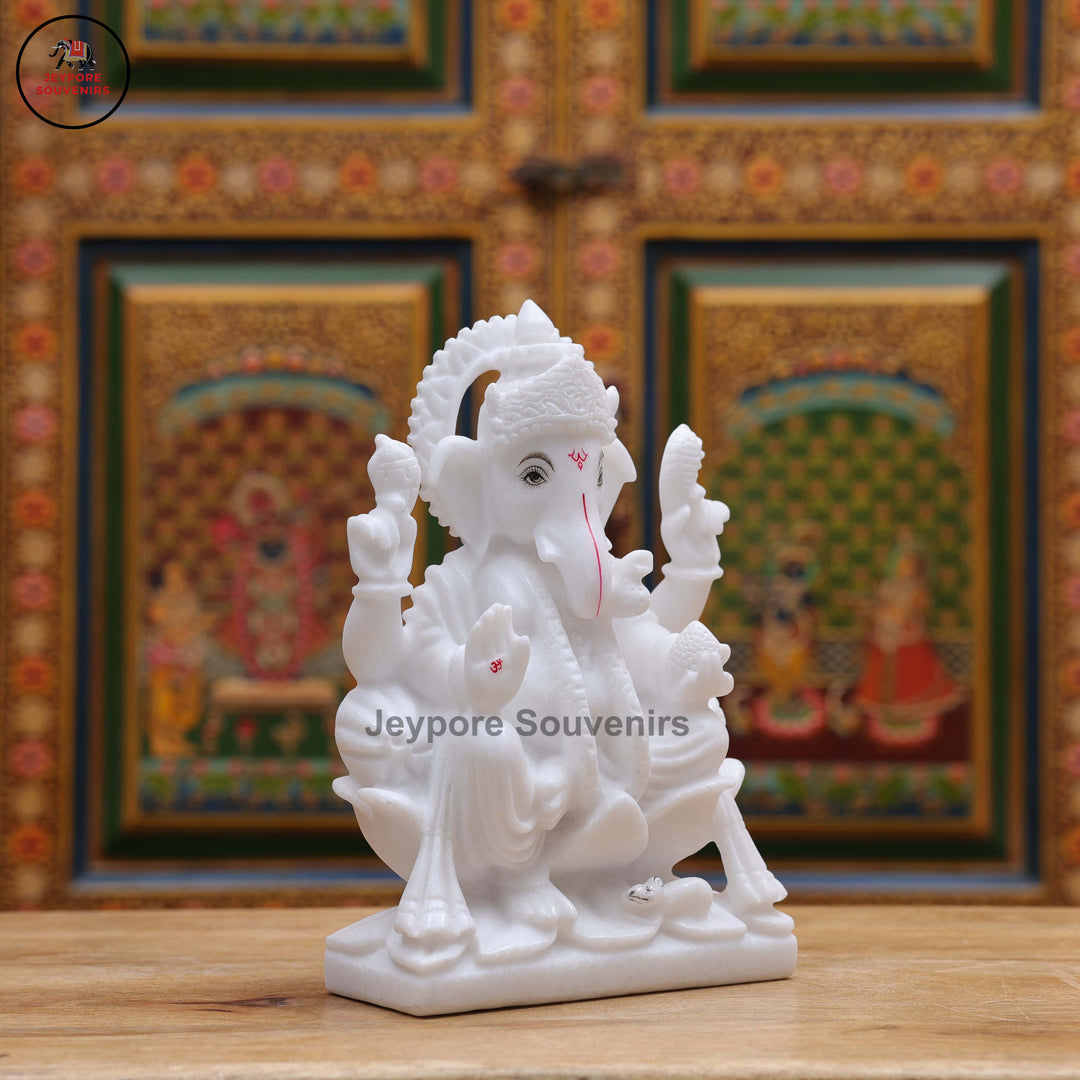 Pure White Marble Lord Ganesha Idol with Lotus Pedestal