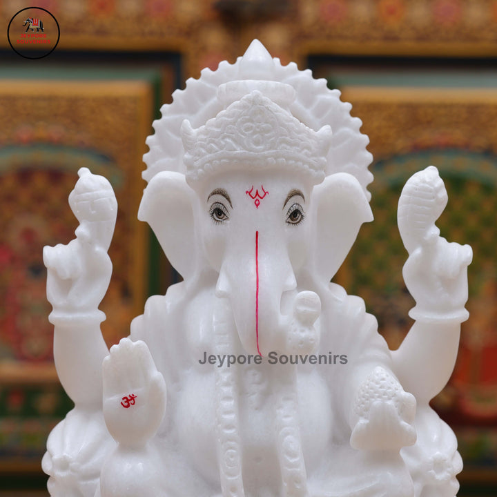 Pure White Marble Lord Ganesha Idol with Lotus Pedestal