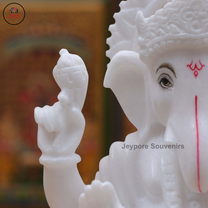 Pure White Marble Lord Ganesha Idol with Lotus Pedestal