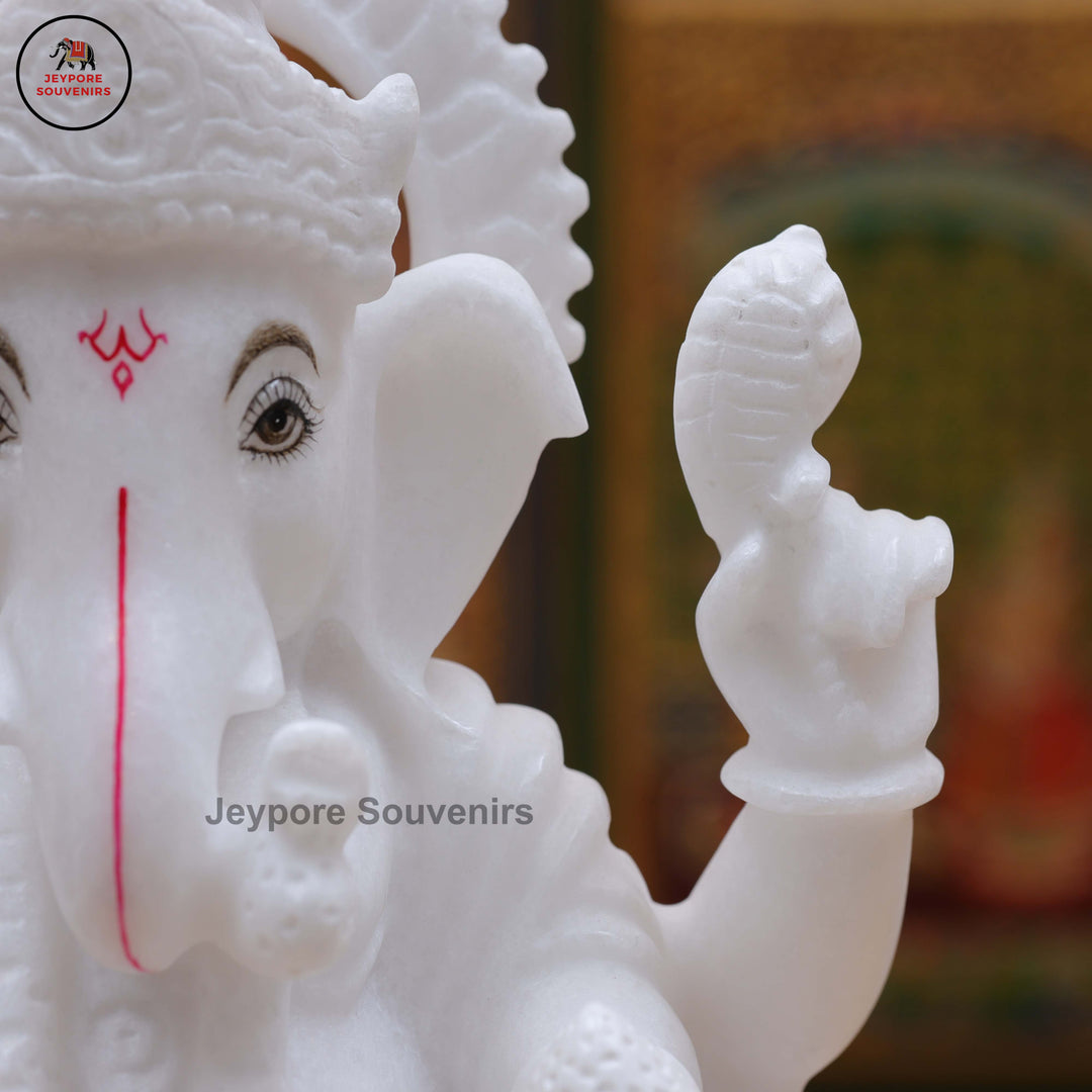 Pure White Marble Lord Ganesha Idol with Lotus Pedestal