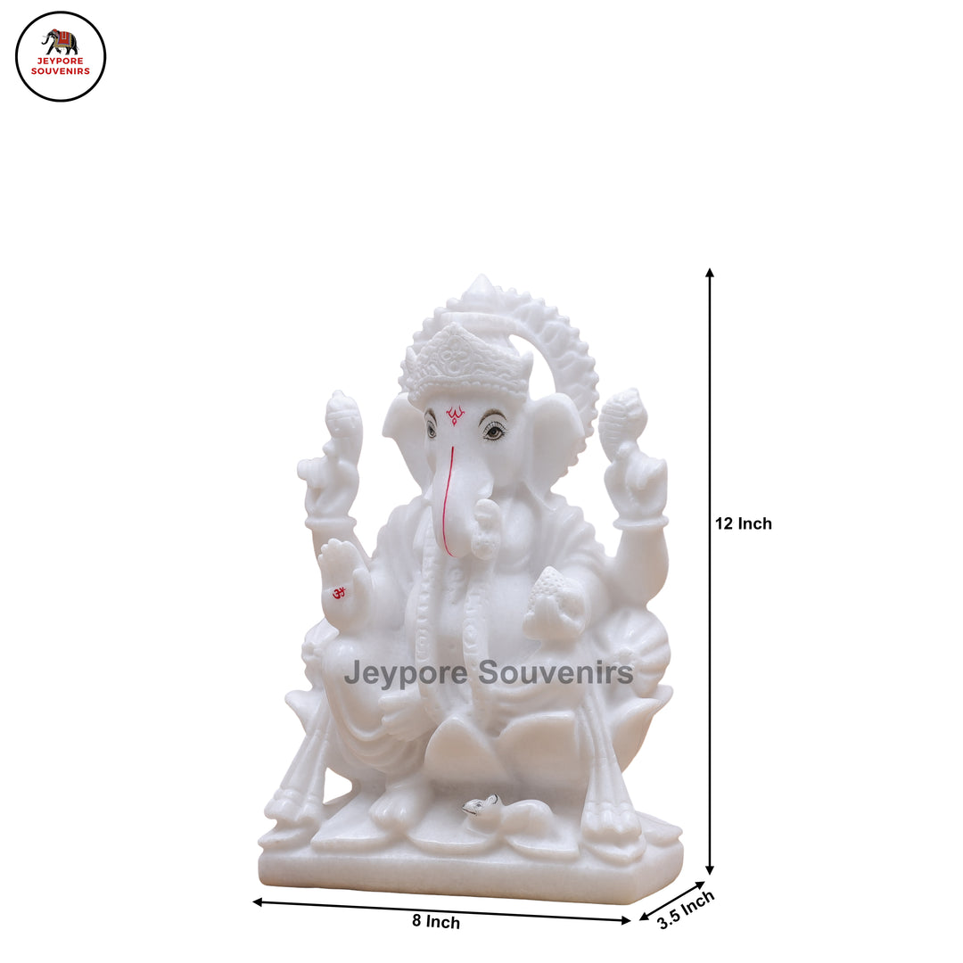 Pure White Marble Lord Ganesha Idol with Lotus Pedestal