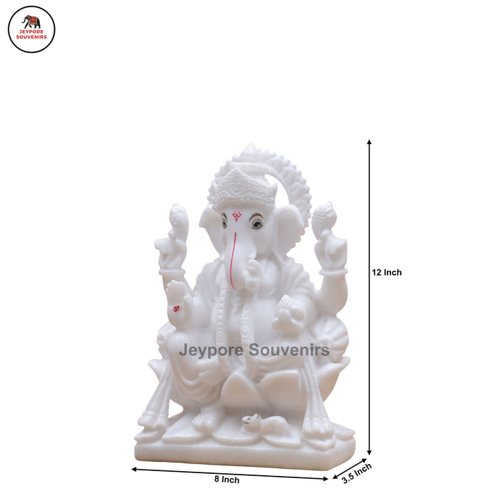 Pure White Marble Lord Ganesha Idol with Lotus Pedestal