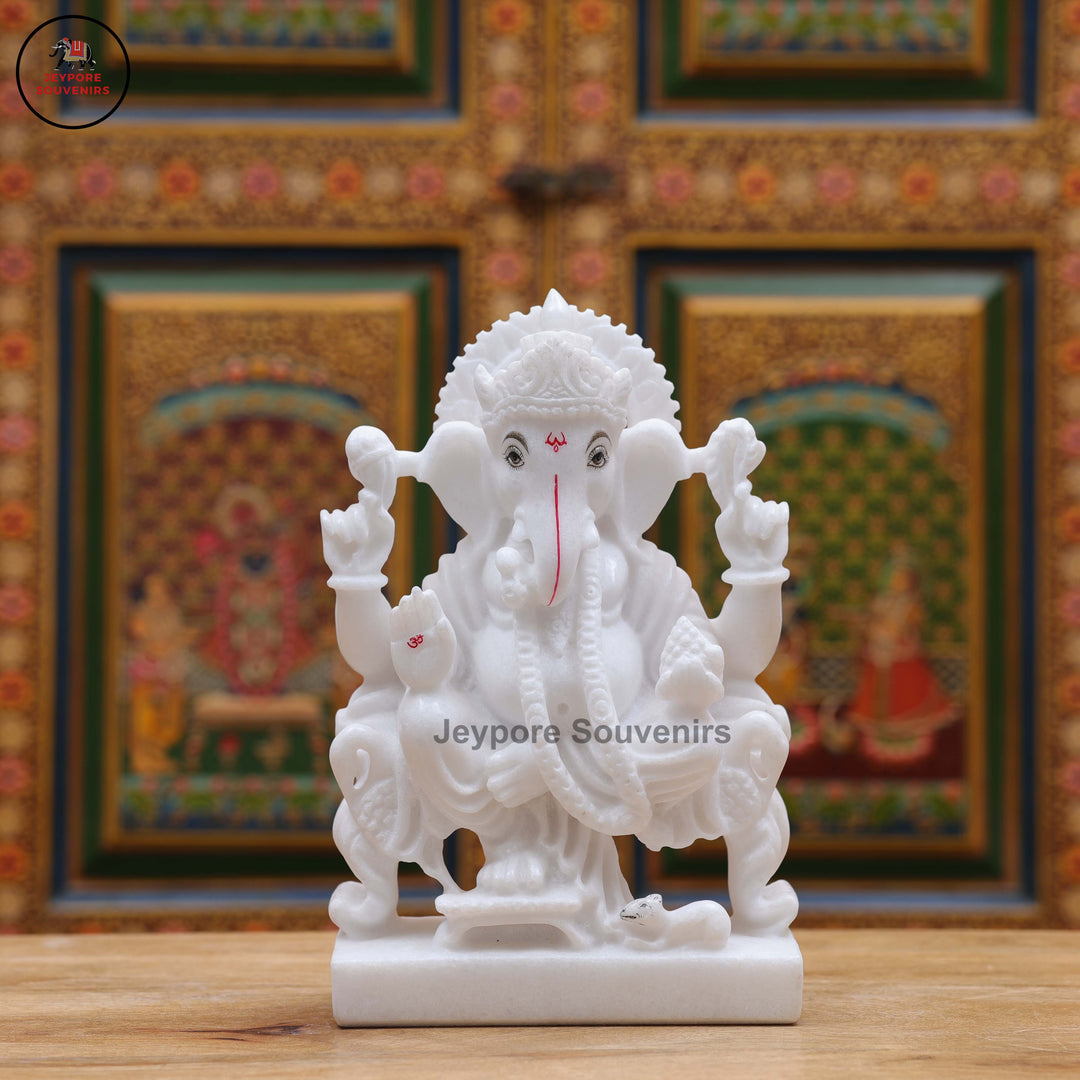 White Marble Lord Ganesha Idol with Ornate Throne and Mouse
