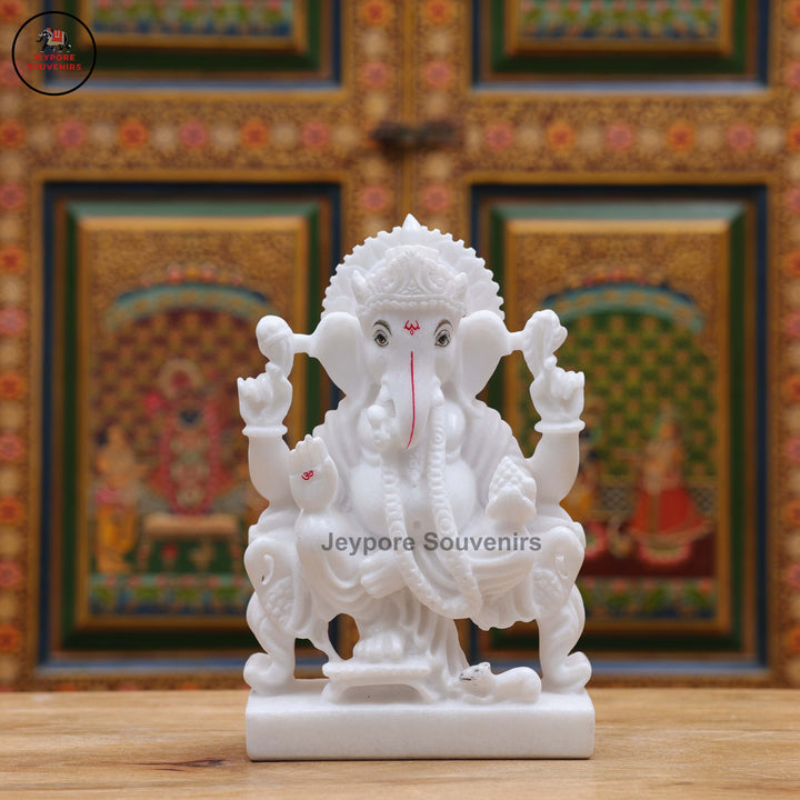 White Marble Lord Ganesha Idol with Ornate Throne and Mouse