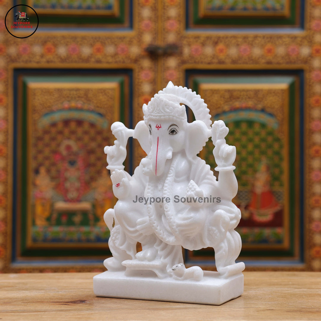 White Marble Lord Ganesha Idol with Ornate Throne and Mouse