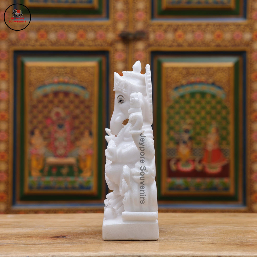 White Marble Lord Ganesha Idol with Ornate Throne and Mouse