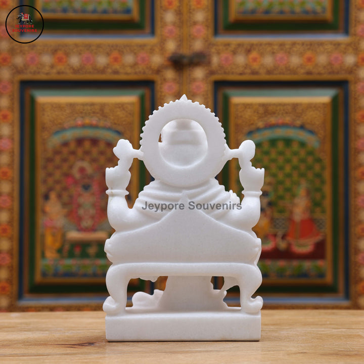 White Marble Lord Ganesha Idol with Ornate Throne and Mouse