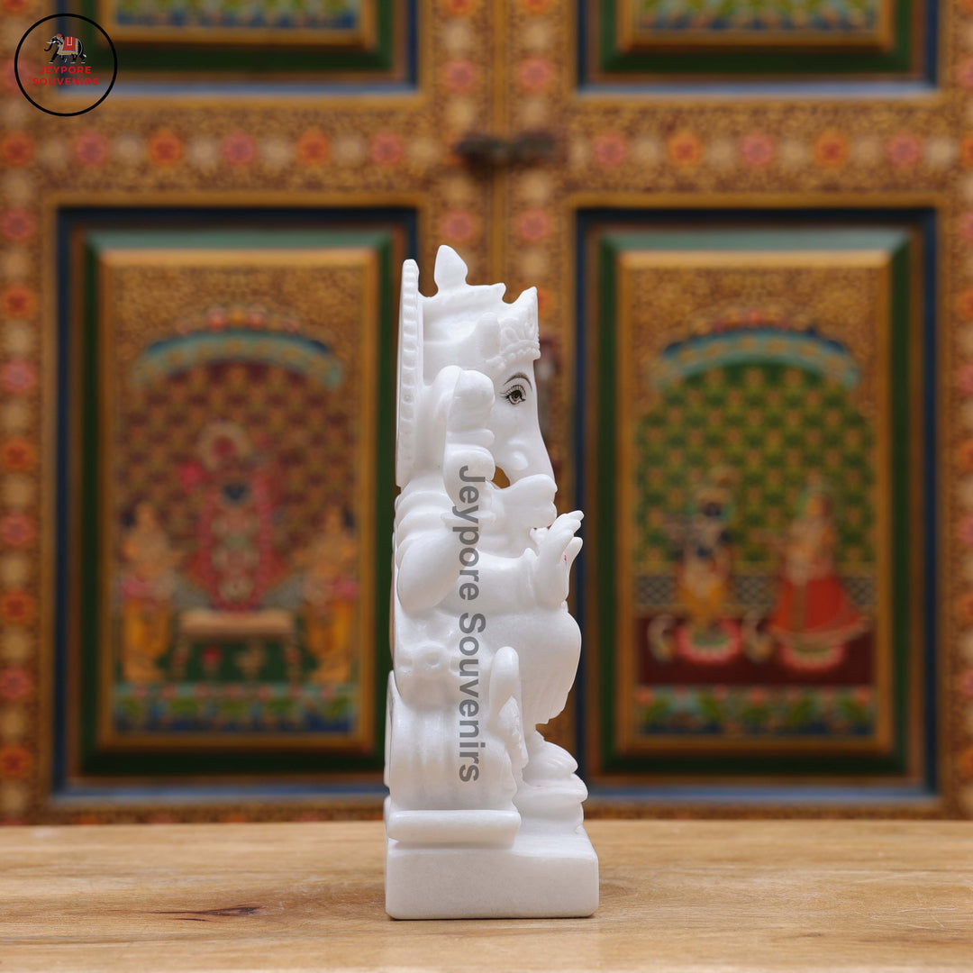 White Marble Lord Ganesha Idol with Ornate Throne and Mouse