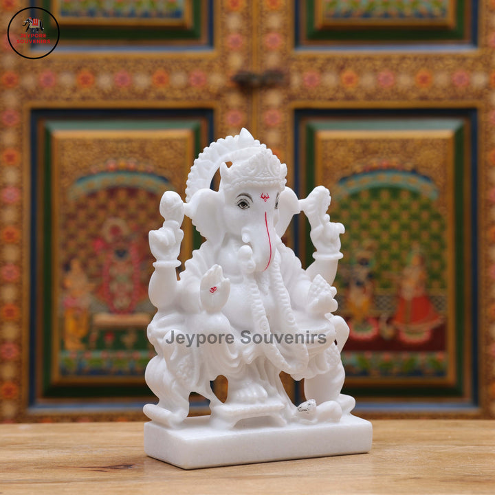 White Marble Lord Ganesha Idol with Ornate Throne and Mouse