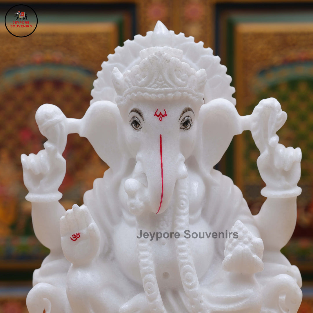 White Marble Lord Ganesha Idol with Ornate Throne and Mouse