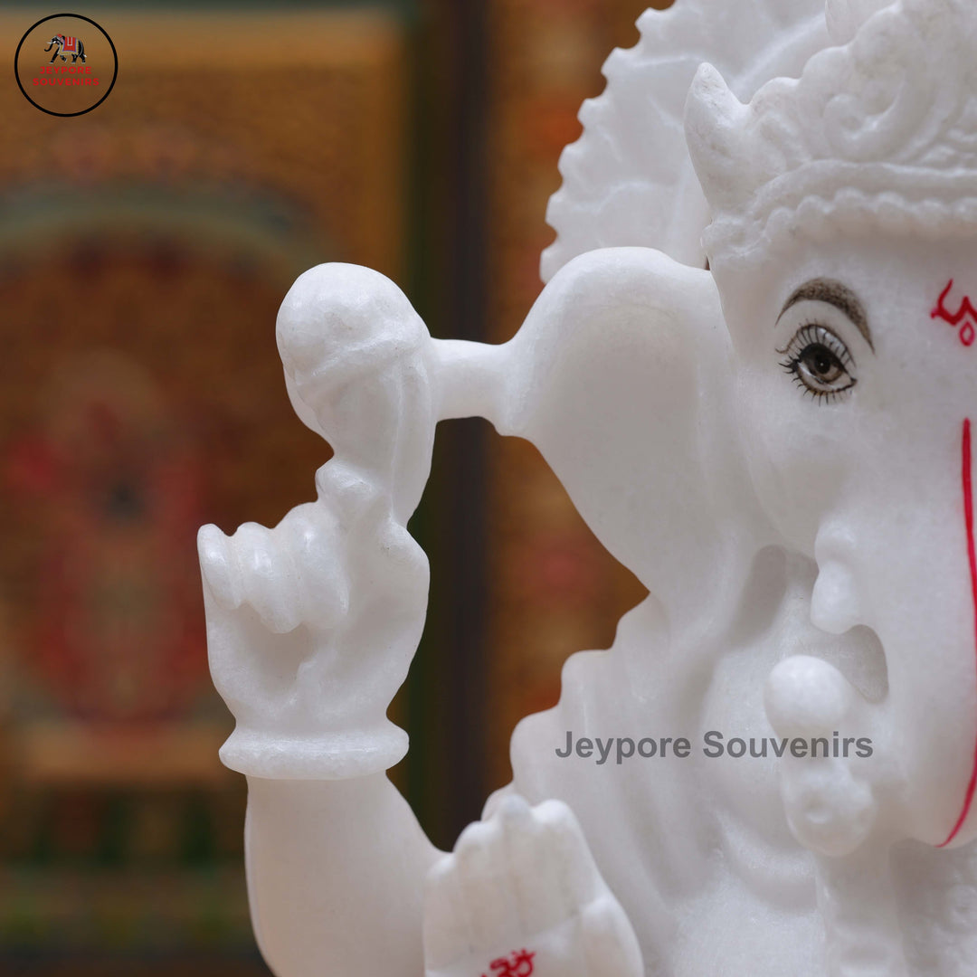White Marble Lord Ganesha Idol with Ornate Throne and Mouse