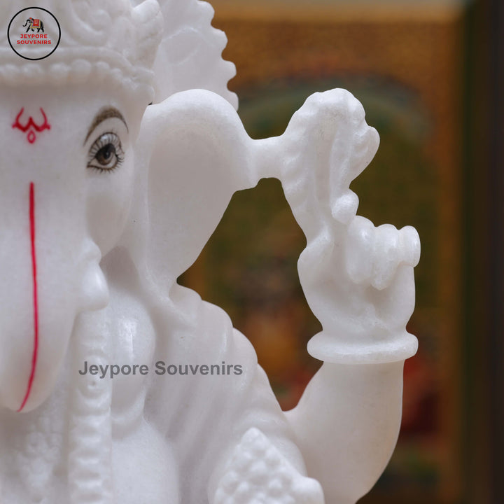 White Marble Lord Ganesha Idol with Ornate Throne and Mouse