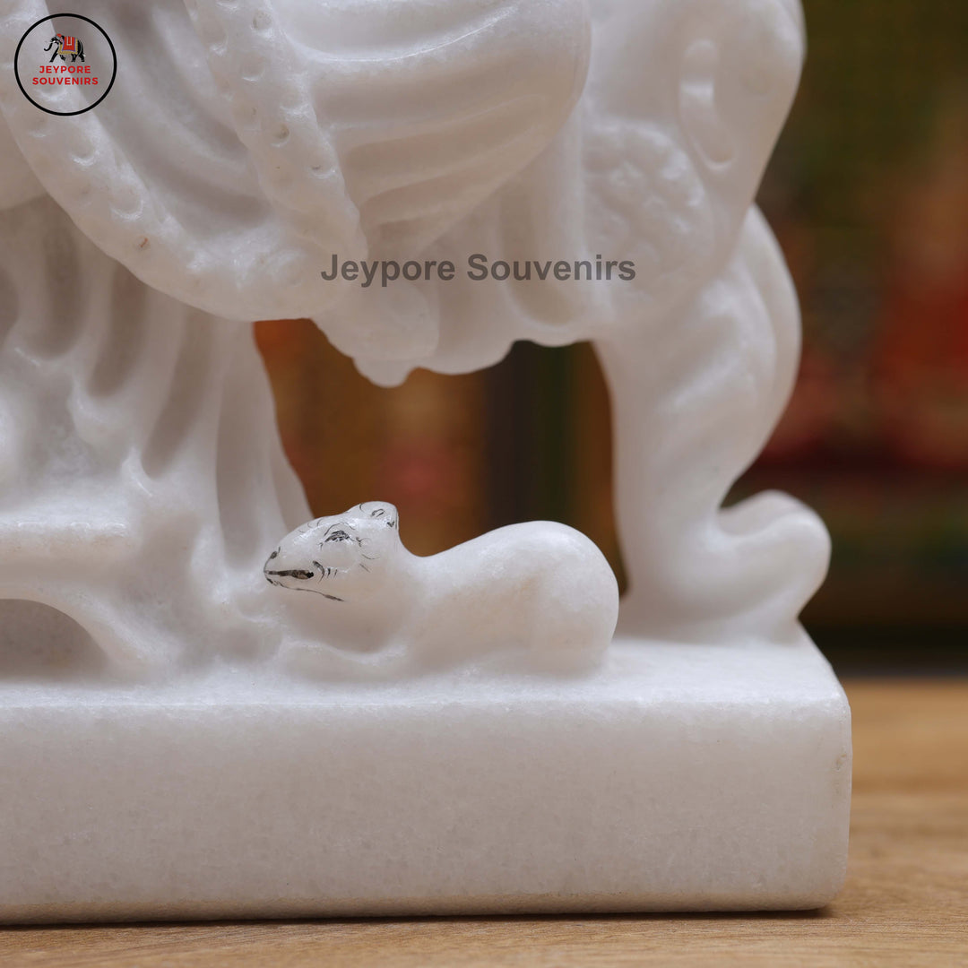 White Marble Lord Ganesha Idol with Ornate Throne and Mouse