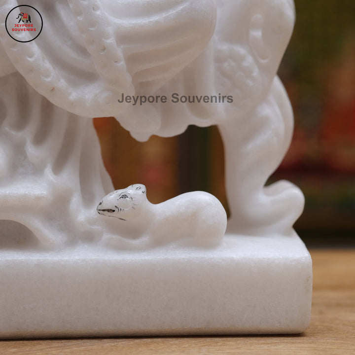 White Marble Lord Ganesha Idol with Ornate Throne and Mouse