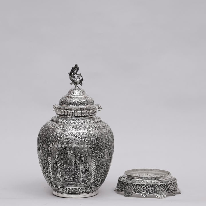 Handcrafted Silver Polished Peacock Lid Decorative Vase