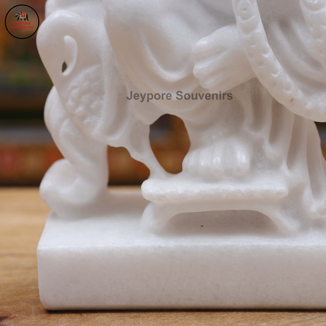 White Marble Lord Ganesha Idol with Ornate Throne and Mouse