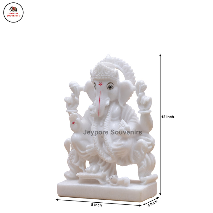 White Marble Lord Ganesha Idol with Ornate Throne and Mouse