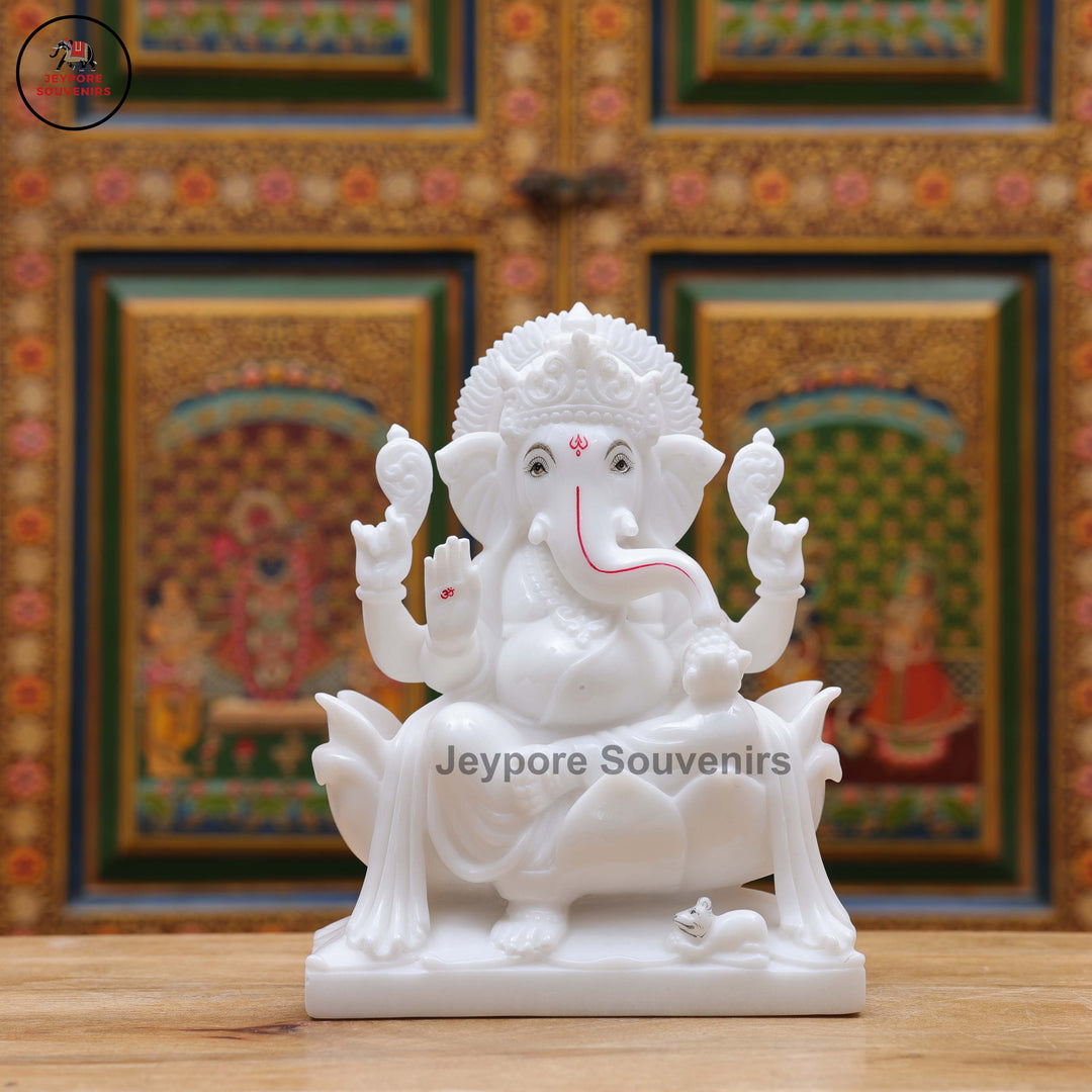 Handcrafted White Marble Lord Ganesha Idol with Lotus Pedestal &amp; Mouse
