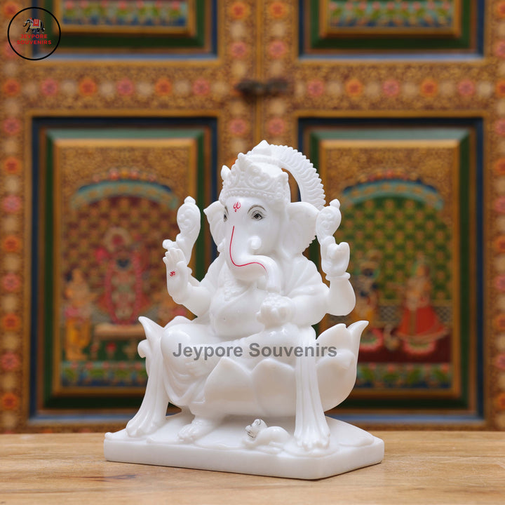 Handcrafted White Marble Lord Ganesha Idol with Lotus Pedestal &amp; Mouse