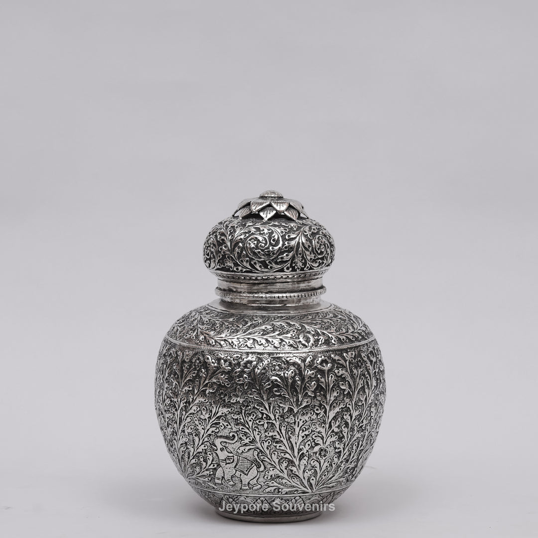 Handcrafted Silver Finish Floral Engraved Decorative Storage Urn with Elephant Motif