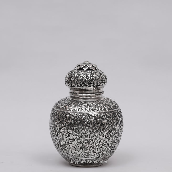 Handcrafted Silver Finish Floral Engraved Decorative Storage Urn with Elephant Motif