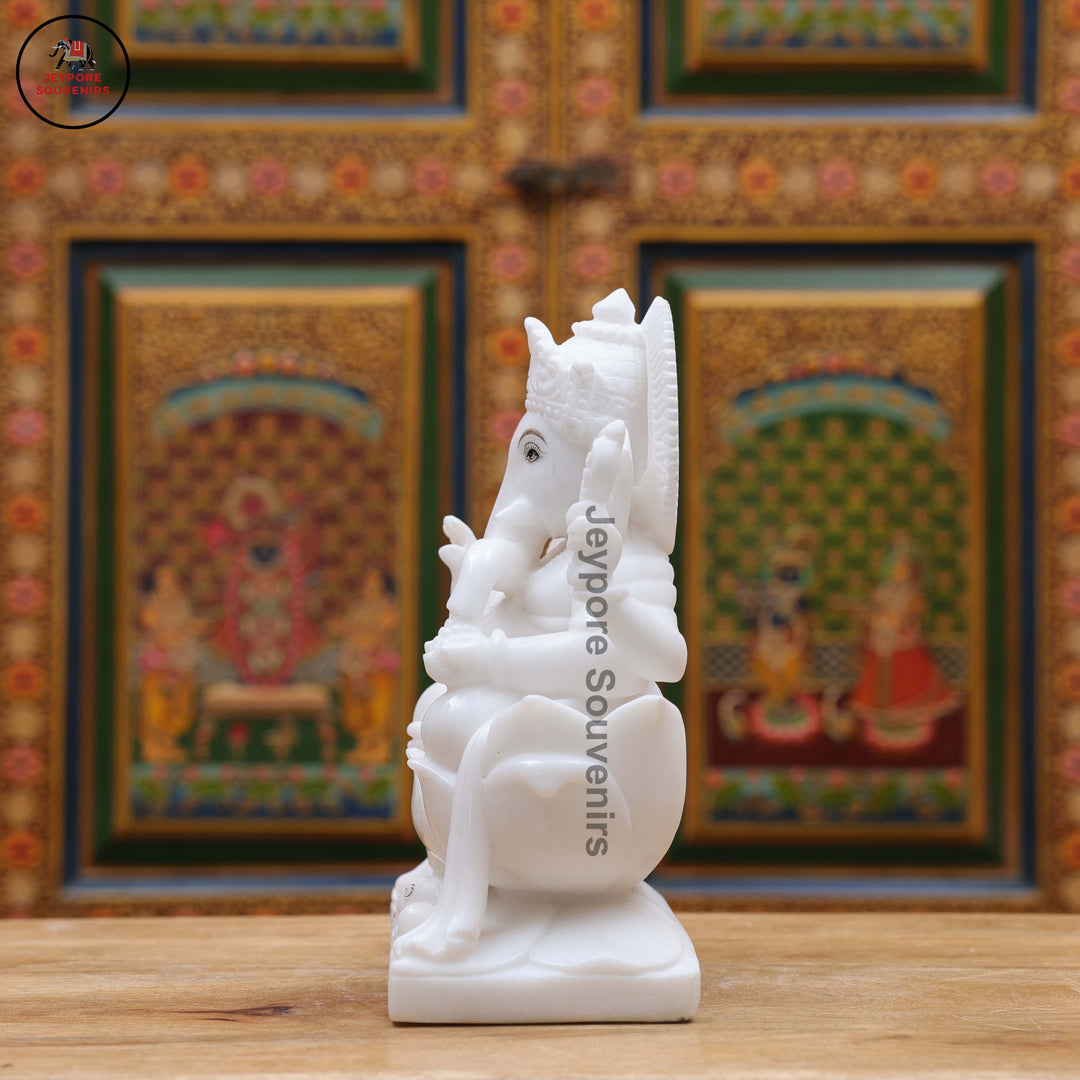 Handcrafted White Marble Lord Ganesha Idol with Lotus Pedestal &amp; Mouse