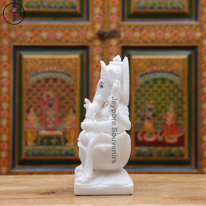 Handcrafted White Marble Lord Ganesha Idol with Lotus Pedestal &amp; Mouse