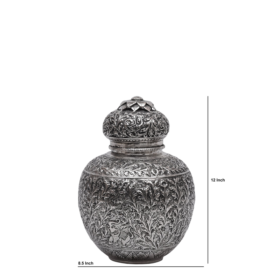 Handcrafted Silver Finish Floral Engraved Decorative Storage Urn with Elephant Motif
