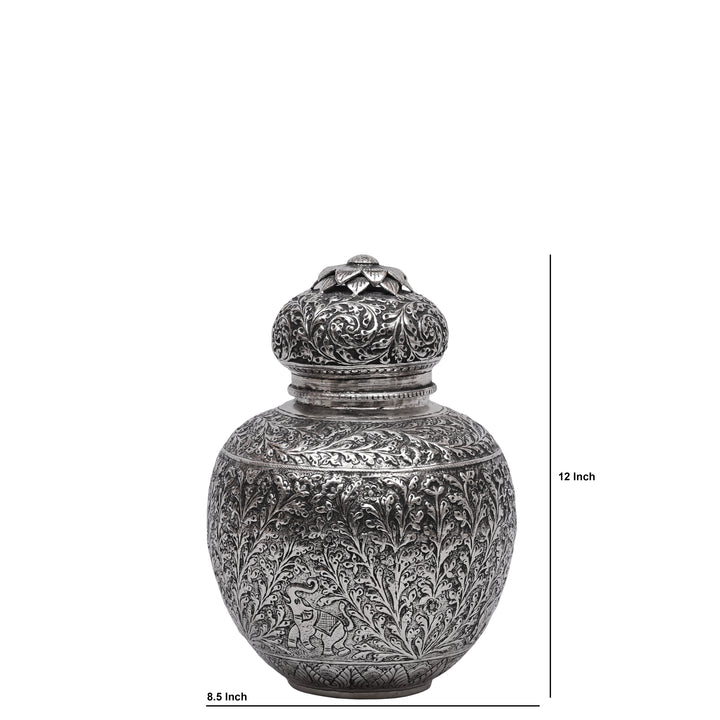 Handcrafted Silver Finish Floral Engraved Decorative Storage Urn with Elephant Motif