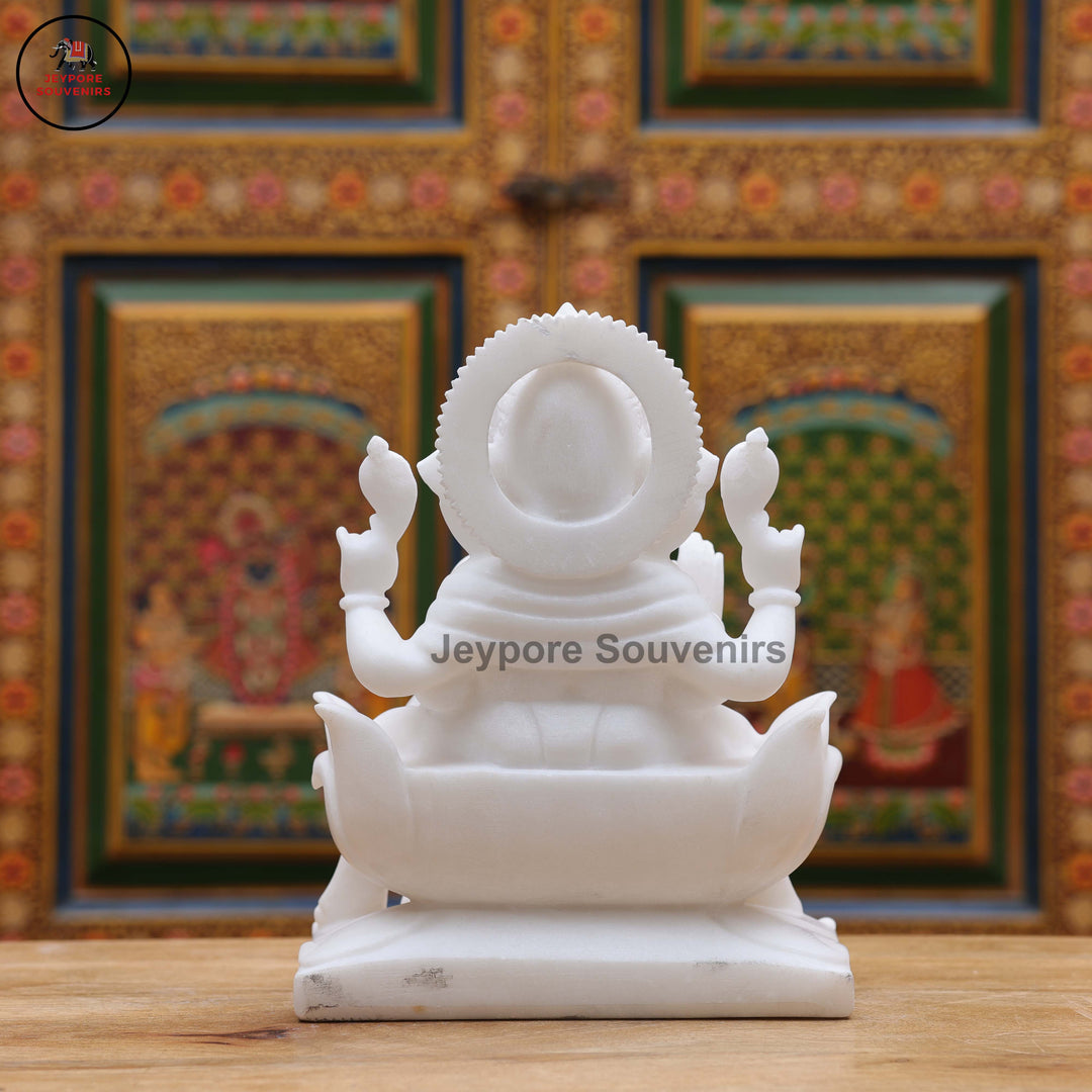 Handcrafted White Marble Lord Ganesha Idol with Lotus Pedestal &amp; Mouse