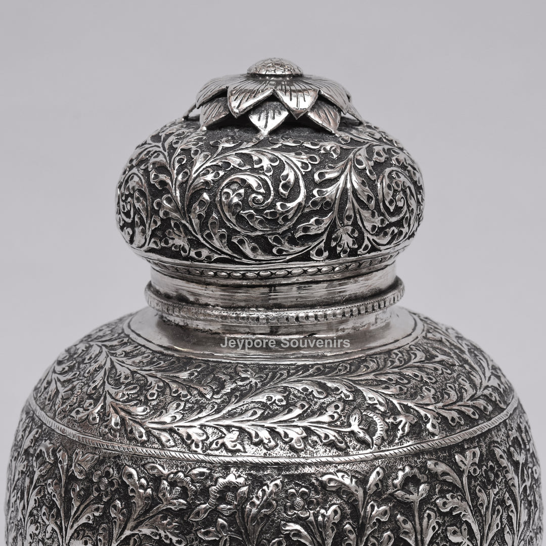 Handcrafted Silver Finish Floral Engraved Decorative Storage Urn with Elephant Motif