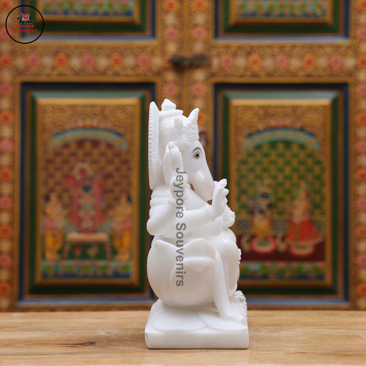 Handcrafted White Marble Lord Ganesha Idol with Lotus Pedestal &amp; Mouse