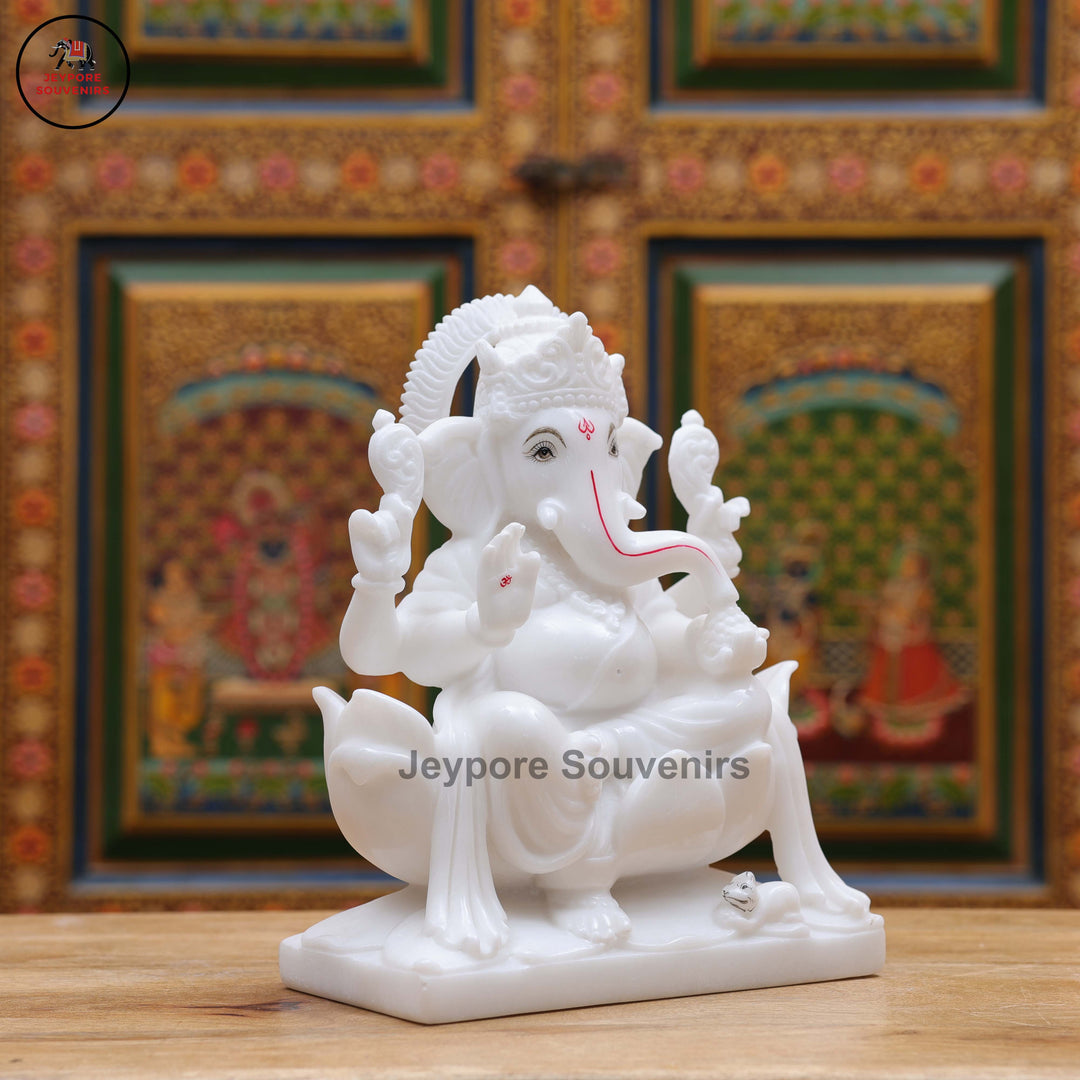 Handcrafted White Marble Lord Ganesha Idol with Lotus Pedestal &amp; Mouse