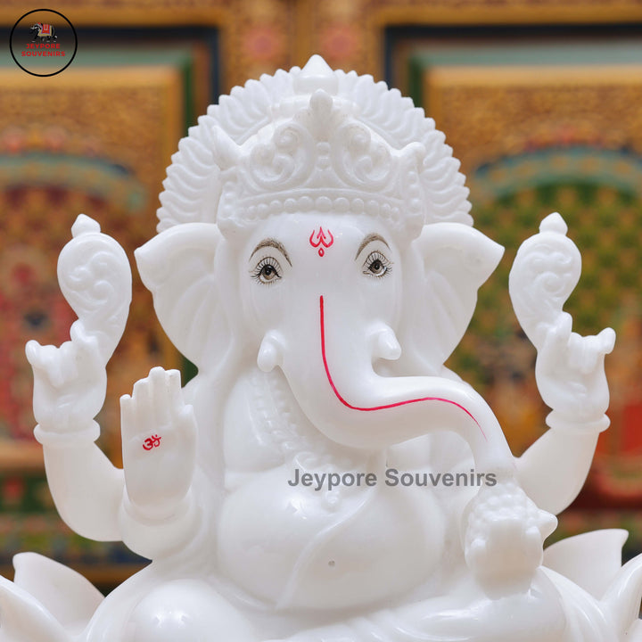 Handcrafted White Marble Lord Ganesha Idol with Lotus Pedestal &amp; Mouse