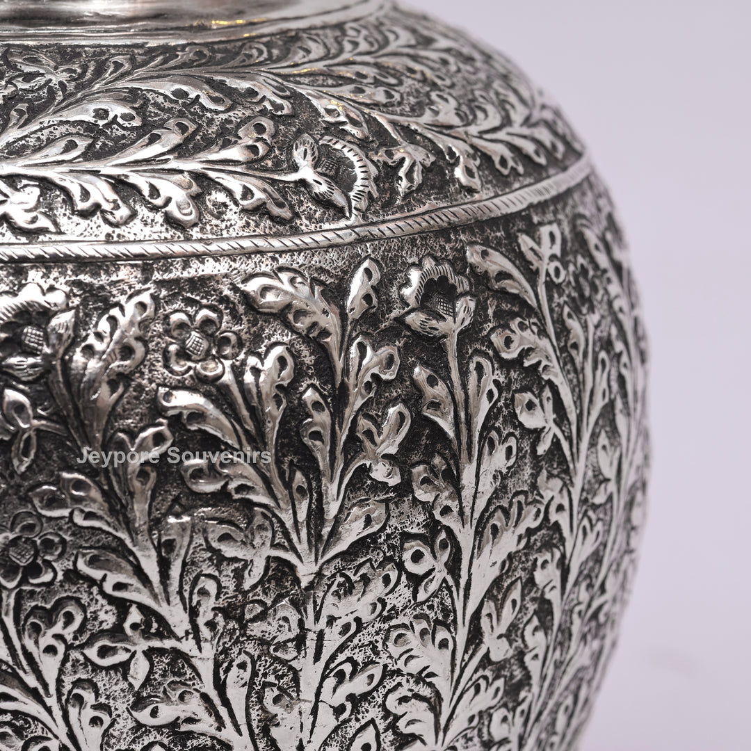Handcrafted Silver Finish Floral Engraved Decorative Storage Urn with Elephant Motif