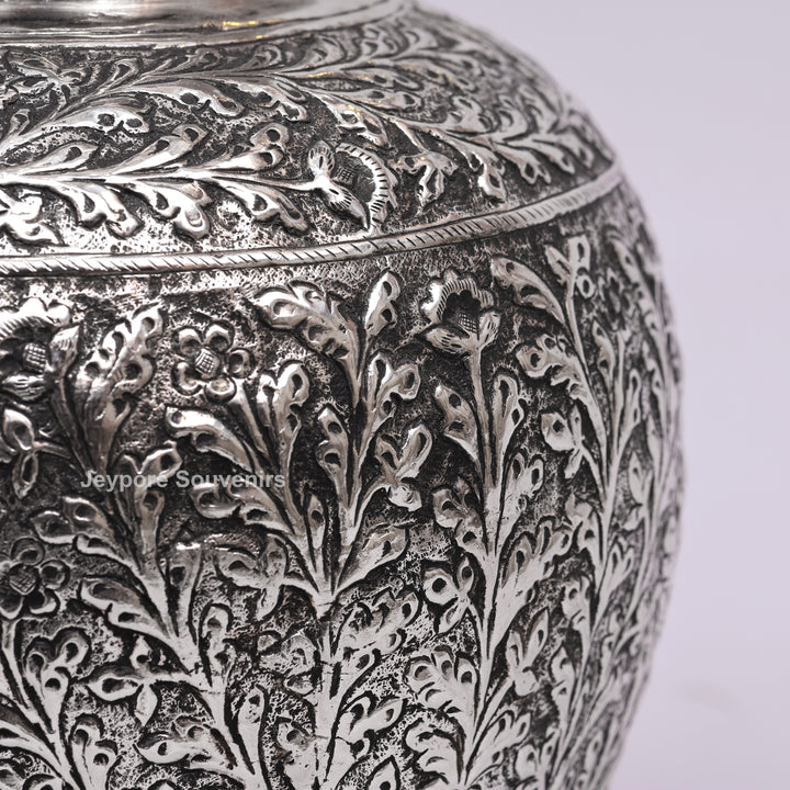 Handcrafted Silver Finish Floral Engraved Decorative Storage Urn with Elephant Motif
