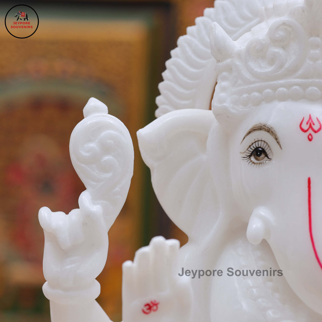 Handcrafted White Marble Lord Ganesha Idol with Lotus Pedestal &amp; Mouse